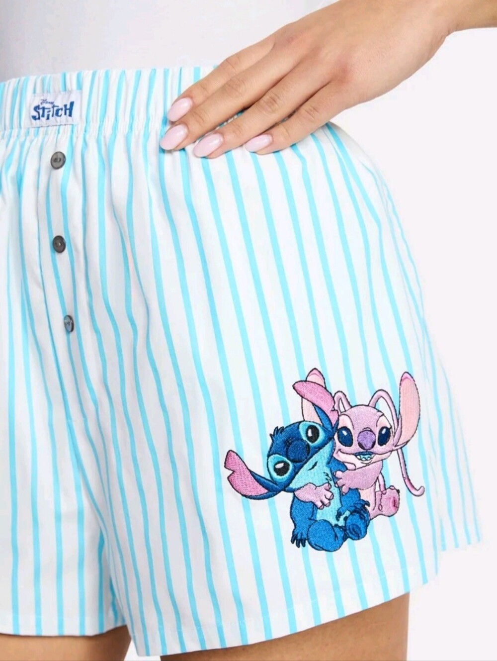 Disney Stitch And Angel Blue & White Striped Women's Boxer Shorts 100% Cotton